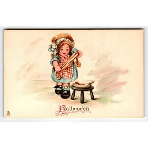 Vintage Tuck's Halloween Postcard Cute Girl Baking 1907-1915 Series 803